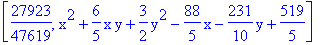 [27923/47619, x^2+6/5*x*y+3/2*y^2-88/5*x-231/10*y+519/5]